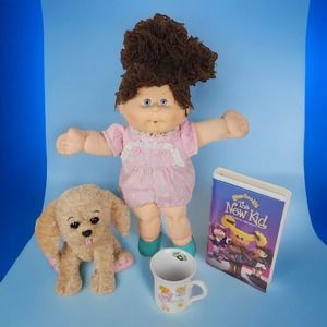 Cabbage Patch Kids CPK Girl Doll Brown Hair Blue Eyes Lot Adoptimals Dog Mug VHS